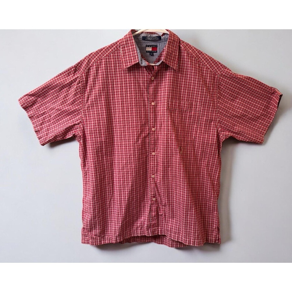 Vintage Tommy Hilfiger Crest Logo Shirt Mens Large Red Plaid Button Down Y2K 90s